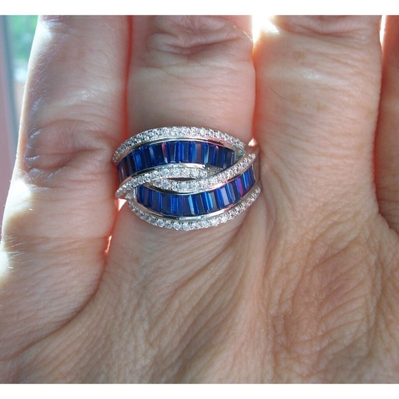 925 STERLING SILVER Blue Spinel & Cubic Zirconia Crossover Ring - Picture 11 of 15